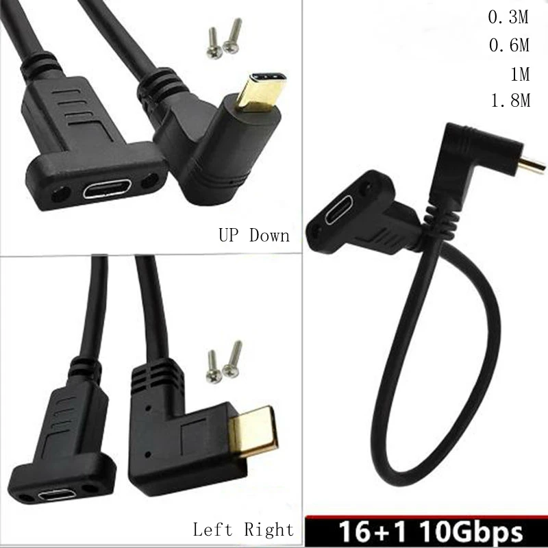 USB Typ C-C male-to-female rozšírenie dátového kábla 90 stupňov pravý uhol, pozlátené panela montážne otvory pre skrutky 10Gbps
