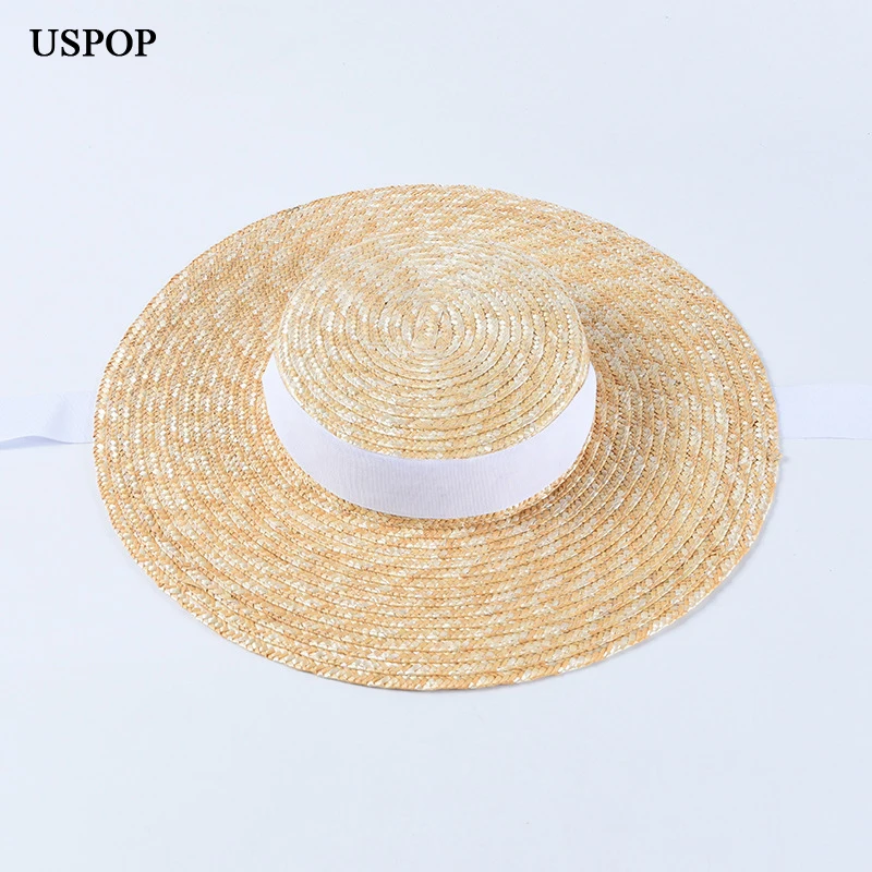 USPOP letné klobúky ženy slnko klobúk francúzsky štýl široký okraj slamený klobúk bežné prírodné pšeničnej slamy klobúk krajky-up pláž hat tieni