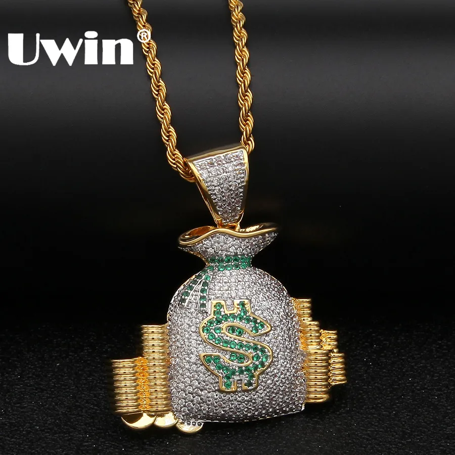 Uwin Luxusné Šperky Bohaté NÁM Peniaze Taška Mince Zásobník Náhrdelník& Reťaz Zlatá Farba Bling Ľadový Z CZ Kubických Zircona Prívesok Hiphop