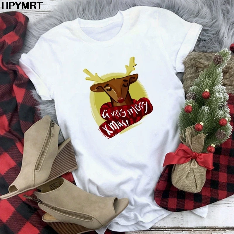Veselé Vianoce Darček Tričko Ženy Móda Grafické Cute Santa Claus a Sobov Tee Kawaii Tričko Fashion Lumbálna T-shirt Topy