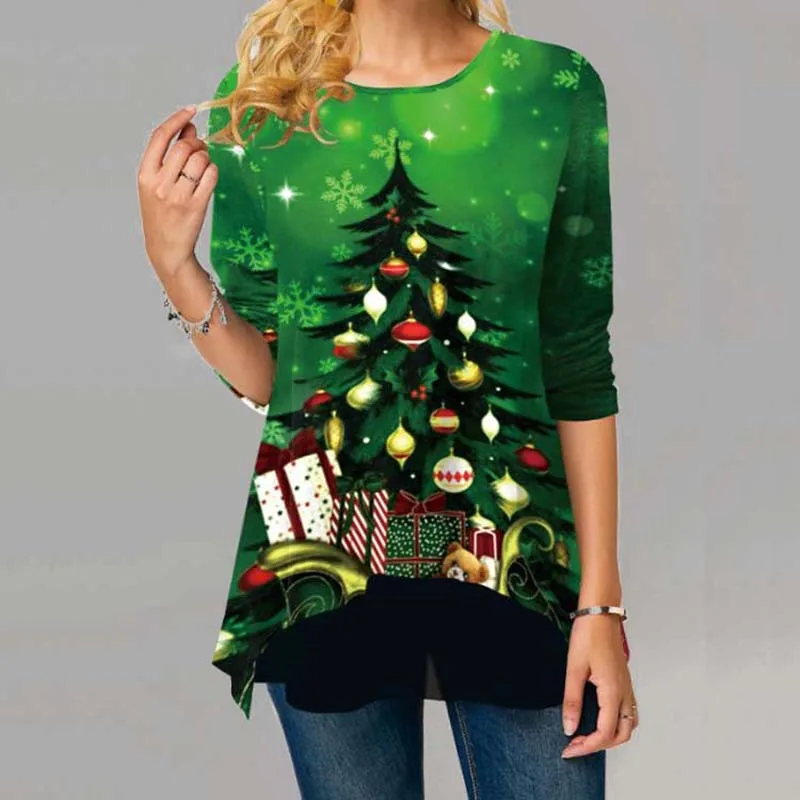 Vianočné Tričko Plus Veľkosť Ženy T-shirt Santa Claus Tlač Vianoce Dlhý Rukáv Šťastný Topy Tee Tričko Zimné Žena Roupas Feminina