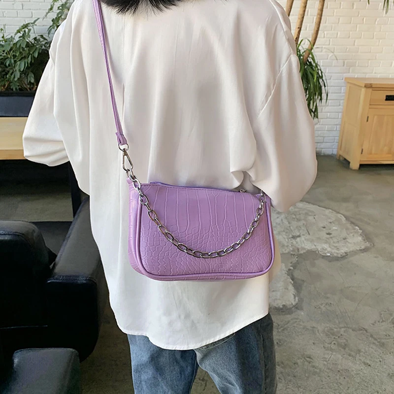 Vintage fialová Alligator Bageta tvar luxusná taška kožené kabelky 2020 nová módna taška cez rameno ženy messenger tašky cez rameno