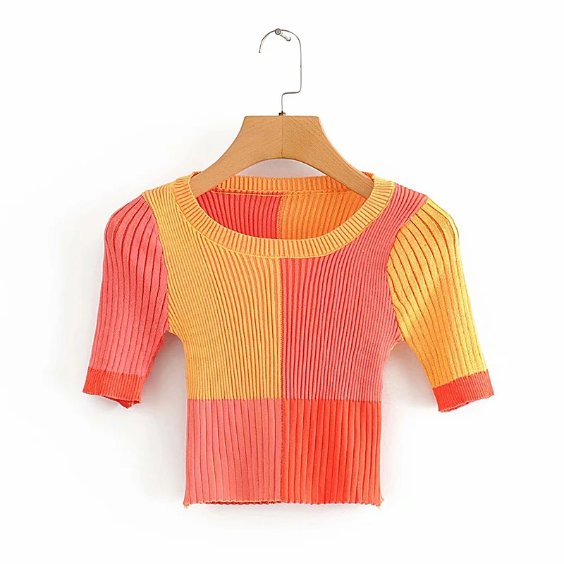 Vintage štýlové farebné štvorce, top crop sveter ženy 2020 módne o krk krátky rukáv vrchné oblečenie elegantné anglicko štýl topy