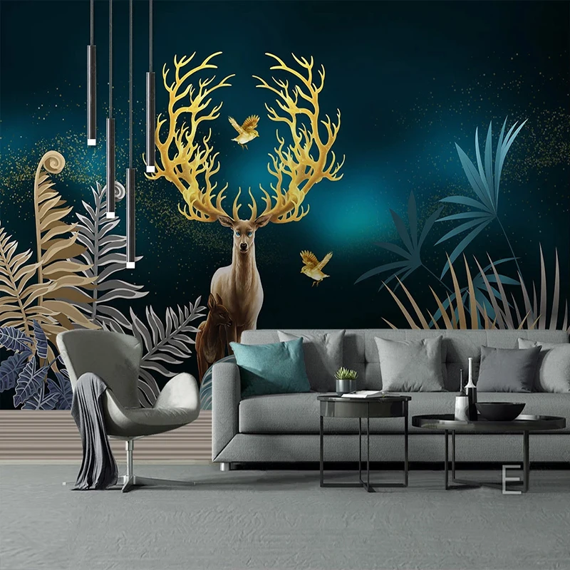 Vlastné 3D Fotografie Tapety nástenná maľba v Európskom Štýle Kreatívnych Ručne Maľované Tropických Rastlín Listy Zlaté Elk Pozadí Wall Art Decor