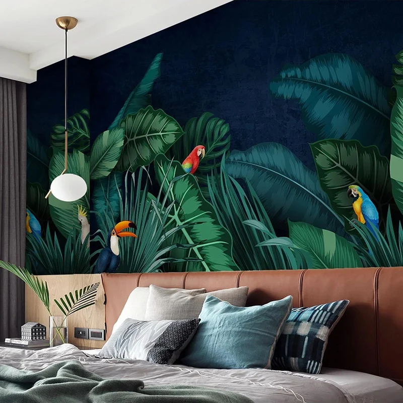 Vlastné 3D Tapeta Juhovýchodnej Ázie Tropickom dažďovom Pralese Banán Leaf Papagáj Foto nástenná maľba Obývacia Izba, Spálňa Nepremokavé Stenu Papier