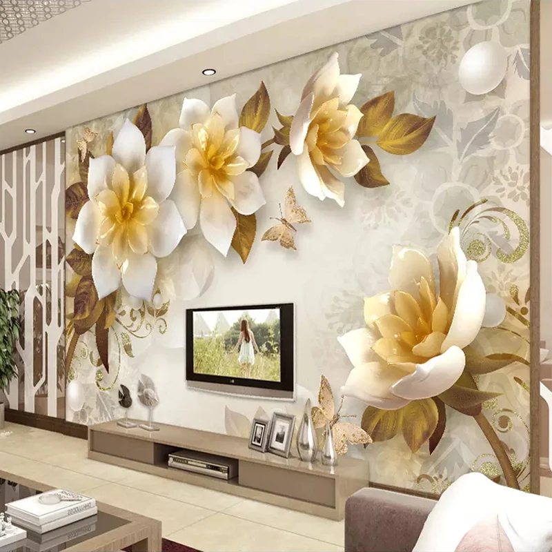 Vlastné Nástenné Nástenné Maľby v Európskom Štýle 3D Stereoskopické Razené Zlaté Kvetinové Tapety Obývacia Izba, TV joj, Dekorácie