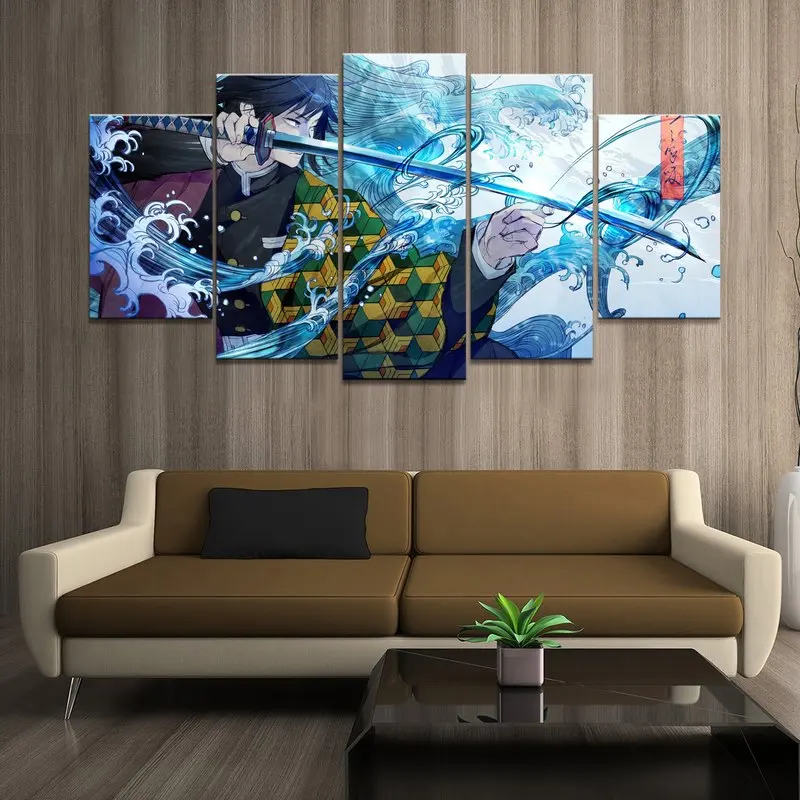 Wall Art Decor Maľovanie 5 Panely HD Obraz Anime Chlapec Obrázok Tomioka Giyuu Démon Vrah Plagát Animácie Domáce Dekorácie