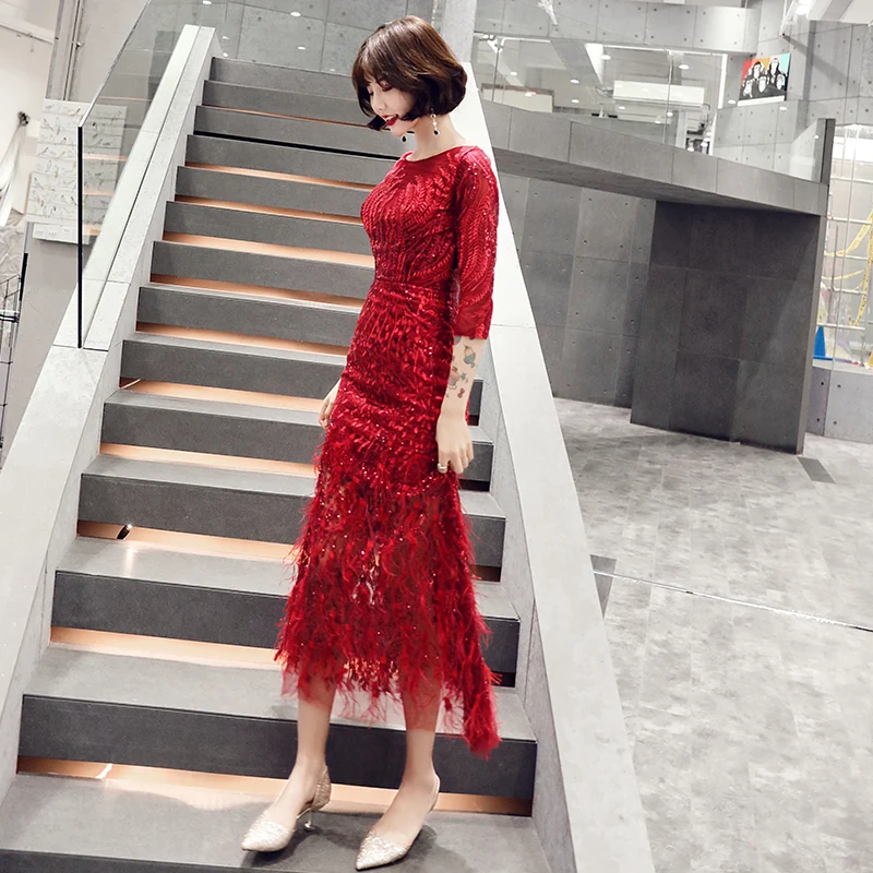 Wei jin Nový Štýl Čaj-dĺžka Víno Červené Večerné Šaty 2021 Perie Formálne Prom Šaty A-Line Módne Čierne Prom Šaty WY1675