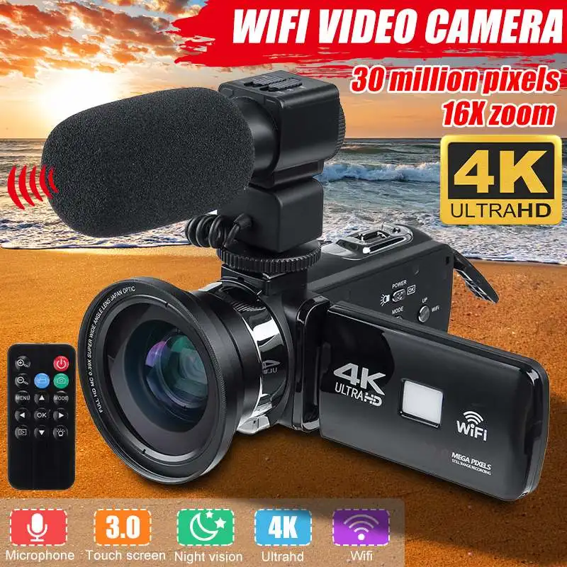 WIFI 30MP 4K HD Videokamera Profesionálne vlog Video Kamera Nočného Videnia Dotykový Displej 18X Digitálny Zoom Kamera S Mikrofónom Objektív