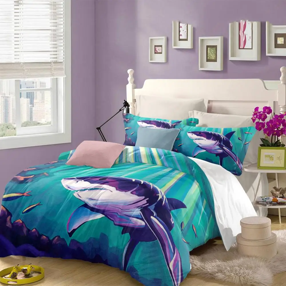 Wong posteľná bielizeň Shark Ryby posteľná bielizeň Nastaviť deti Povlaky na Prikrývku Kryt Single Double Twin Kráľovná King Size 3ks