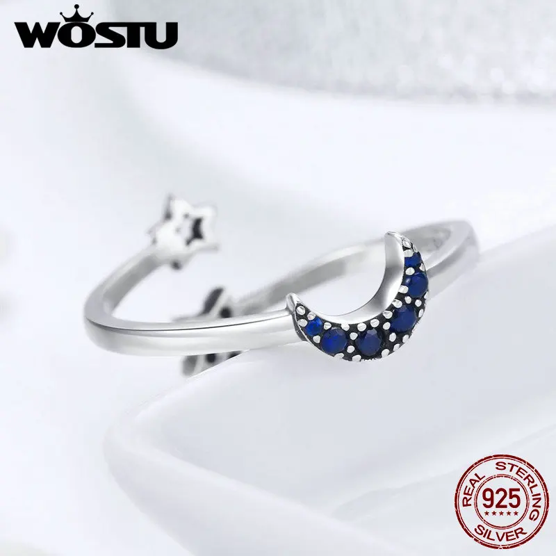 WOSTU Autentické 925 Sterling Silver Žiarivý Mesiac & Hviezdičkový Otvorené Prst Prstene pre Ženy Krištáľové Šperky Vianočný Darček CQR437