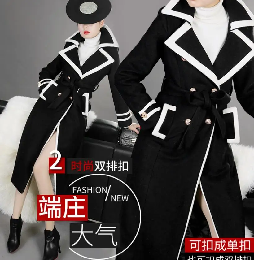 X-dlhé vlnené zmesi bunda žena zimné temperament dlhý pás nad kolená Hepburn dvojité breasted vlnené tkaniny bunda F372