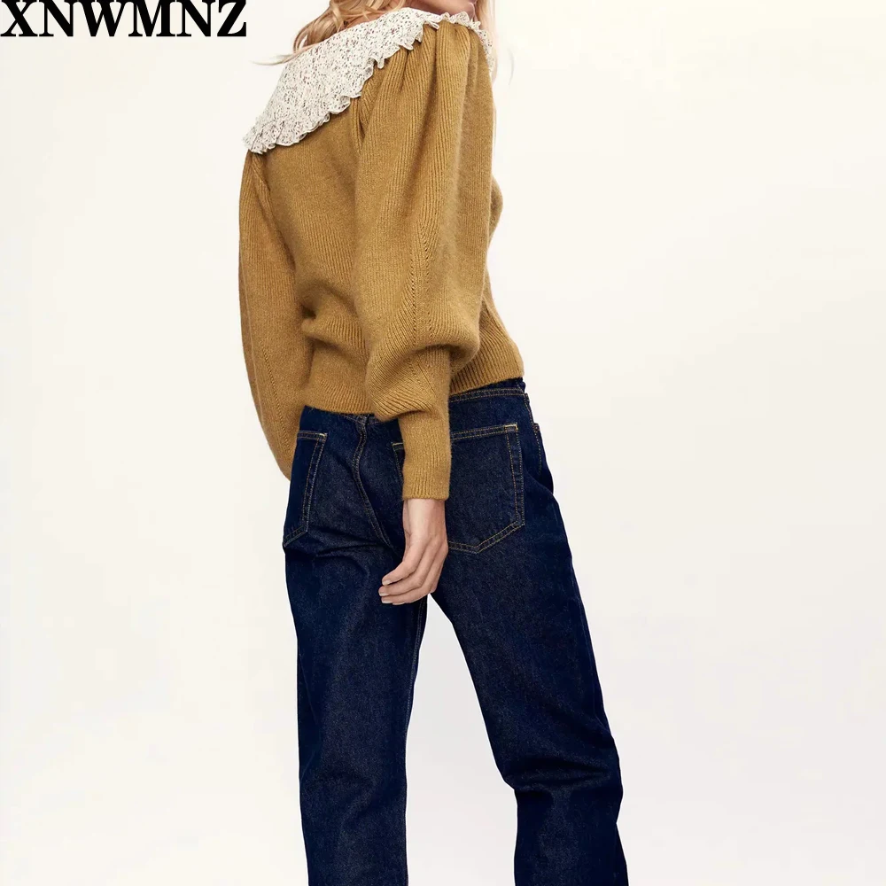 XNWMNZ Za ženy Módny pletený sveter s kontrast golier Vintage prehrabať výbava Peter Pan golier, dlhé rukávy Žena elegantné Svetre
