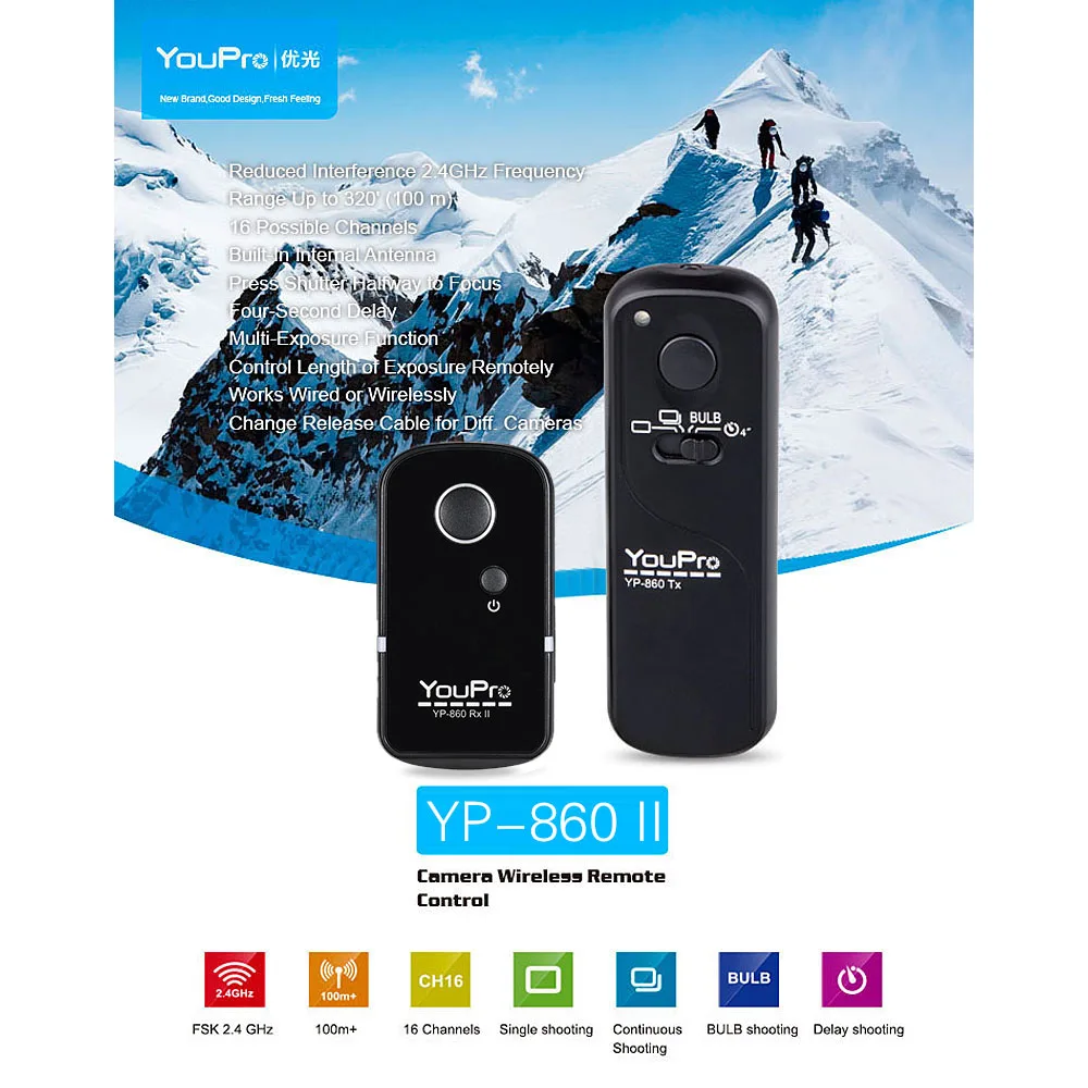 YouPro YP-860 DC2 2.4 G Bezdrôtové Diaľkové Ovládanie Uzávierky Vydania Vysielač, Prijímač, 16 Kanálov na Nikon D750 D7100 DSLR Fotoaparát