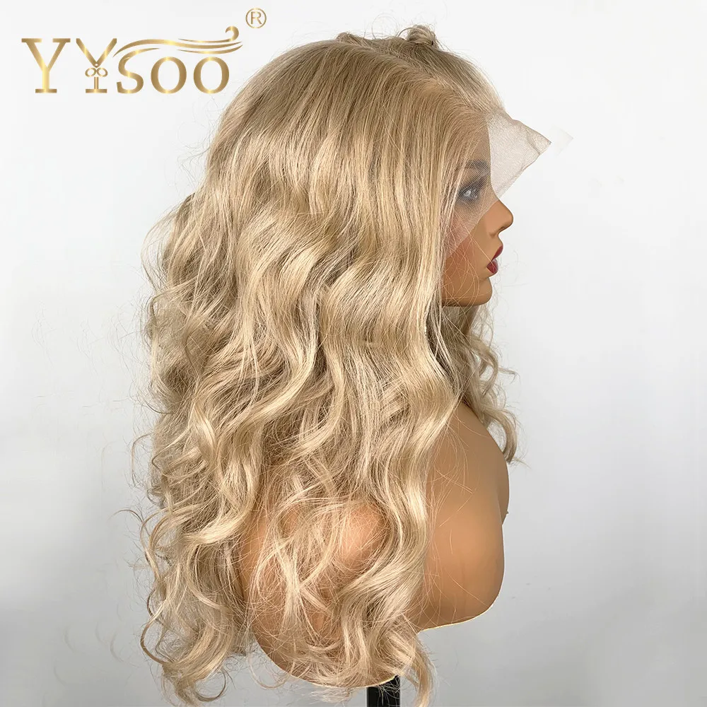 YYsoo 13x6 Syntetických Čipky Dopredu Blond Parochne pre Ženy Pol Ručne Viazané Futura Tepelne Odolných Vlákien Kučeravé Vlasy Náhradné Wigs150%