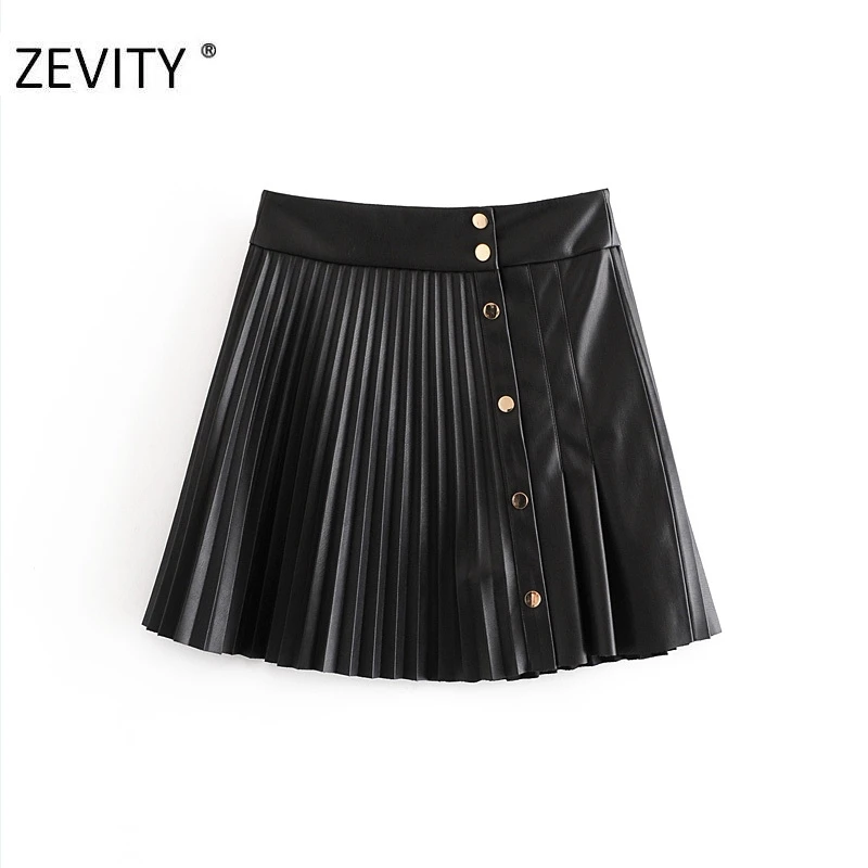 Zevity Nové 2020 Ženy Elegantné Módne Faux Kožené Skladaný Mini Sukne Femme Vintage Patchwork Kovové Modul Tlačidlo Sukne Mujer QUN710