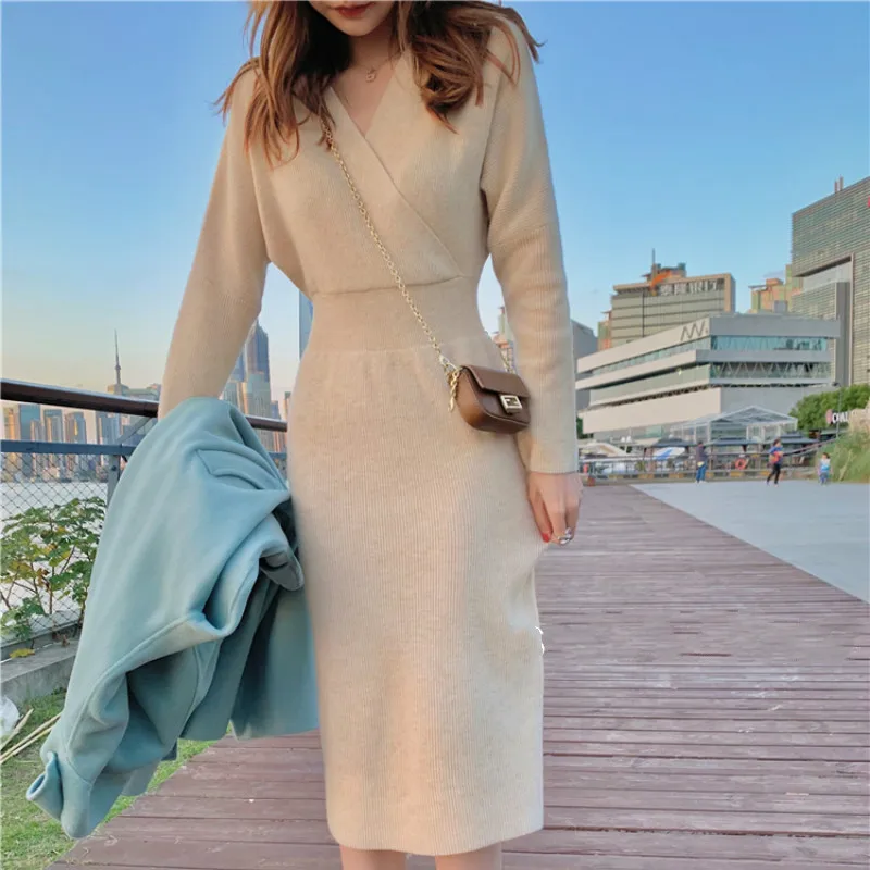 Zimné Pletené Šaty Žien Slim Elegantné Office Sveter Šaty Žena 2020 Vrchné Oblečenie Tvaru Pevné Roztomilý Jeden Kus Oblečenia Kórejského