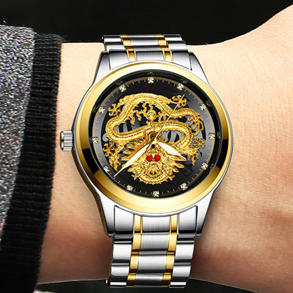 Zlatý Drak Sledovať Mužov Hodiny 2020 Luxusné Značky FNGEEN Oceľové Náramkové hodinky Diamond Dial Svetelný Kvart pánske Hodinky Relogio Masculino