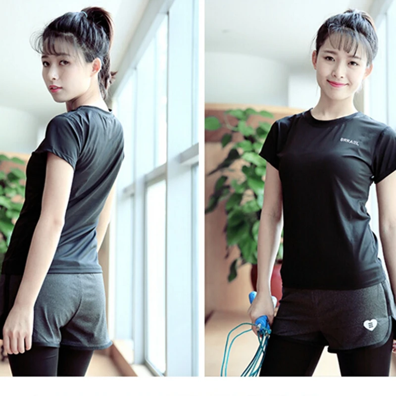Ženy, rýchle suché športové tričko Priedušná čierne písmeno T-tričko Krátke rukávy Telocvični jogy košele