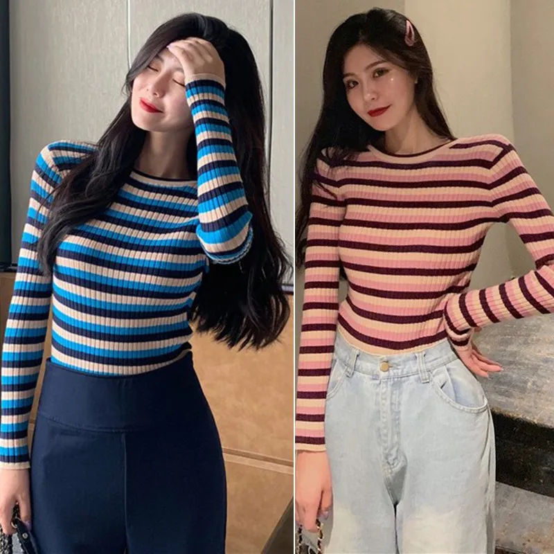 Ženy Tričko Pruhované Pletených Základné T-Shirts Sladké Harajuku Slim Klesnutie Long Sleeve Tee Tričko Femme Jeseň Kórejského