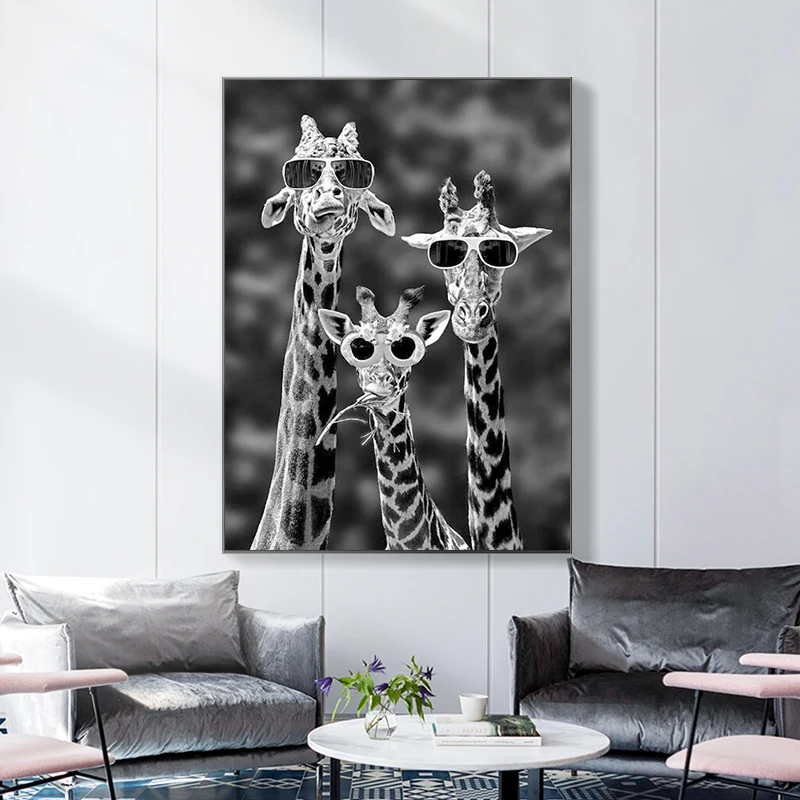 Žirafy s Okuliare Zábavné Umenie Plagáty A Vytlačí Čiernej A Bielej Zvieratá Plátne, Obrazy na Stenu, Umenie Fotografie Cuadros