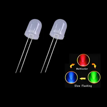 100ks 8 mm Výustiek Kolo Dióda LED Žiarovky RGB Pomaly Blikajúca Červená Zelená Modrá 3 Farby Meniace Multicolor Blikanie