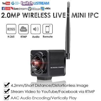 2.0 MP 1080P Bezdrôtový WiFi Ekonomické Nezaujaté Mini Cube Live Streaming IP Kamera Push Video na YouTube/Wowza podľa RTMP W/Audio