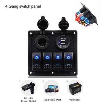 4 Gang Loď Auto Prepnúť Panel s zapaĺovač auto nabíjačka, USB LED On/Off Kolískový Spínač Panel Auto zapaľovač Cigariet