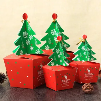 AVEBIEN 50pcs Tvorivé Vianočný Stromček Balenie Box Košíčky Dezert Cookies Candy Darčekovej krabičke S Zvony Zlaté Kábel Festival Presen