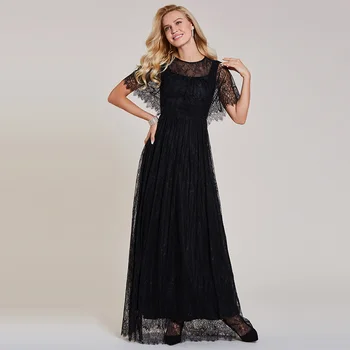 Dressv čierne dlhé večerné šaty lacné lopatka krku, krátke rukávy čipky svadobné party formálne šaty linky večerné šaty