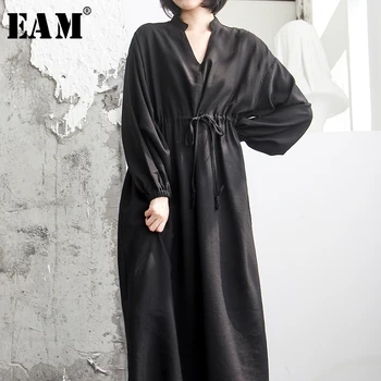 [EAM] Ženy Čiernou Šnúrkou Obväz Veľká Veľkosť Šaty Nové tvaru Dlhý Rukáv Loose Fit Módne Príliv Jar Leto 2021 1W950