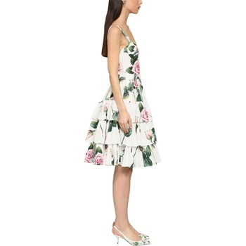 Elegantné Vrstva Volánikmi Kvetinový Vytlačené Midi Šaty Pre Ženy Sexy Špagety Popruh Backless Skladaný Letné Šaty 2020
