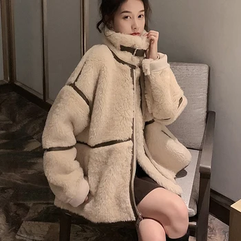 Kórejský Ovčej Vlny Bunda Dámske Jesenné Zimné Voľné Turtleneck Bundy Vintage Elegantné Základný Náter Dámske Vrchné Oblečenie