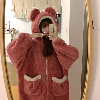 Nightgown zimné zahusťovanie žena kórejský župan iny žien jeseň nové voľné teplé long-sleeve hooded pyžamo domov služby