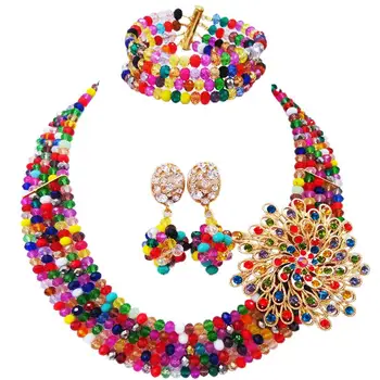 Nové Módne Čierne dámske Zmiešané Multicolor Crystal Perličiek Nigérijský Afriky Svadobné Šperky Perličiek Nastaviť ABD179