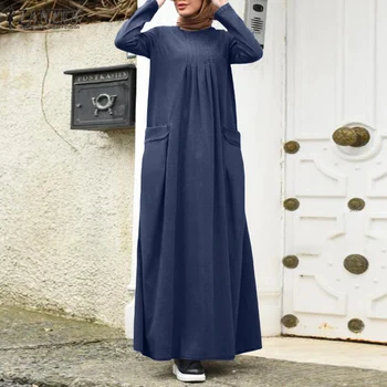 Plus Veľkosť Denim Modrá Sundress 2021 Jeseň Ženy Dubaj Abaya Dlhé Šaty Bežné Dlhý Rukáv Moslimské Oblečenie Voľné Vestidos Kaftan