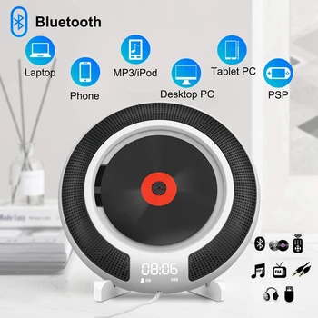 Prenosný CD Prehrávač s Bluetooth Stenu Pripojiteľný FM Rádio, Zabudovaný HiFi Reproduktory, Diaľkové Ovládanie Konektor pre Slúchadlá