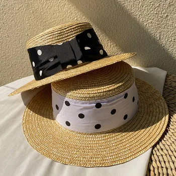 Ženy letný Klobúk Flat Top Prírodnej slamy klobúk slamený Klobúk Dámy Šaty, Klobúk Beach Sun Hat Biela Čierna Bodka Páse s nástrojmi Slnko Klobúk Kuntucky Derby
